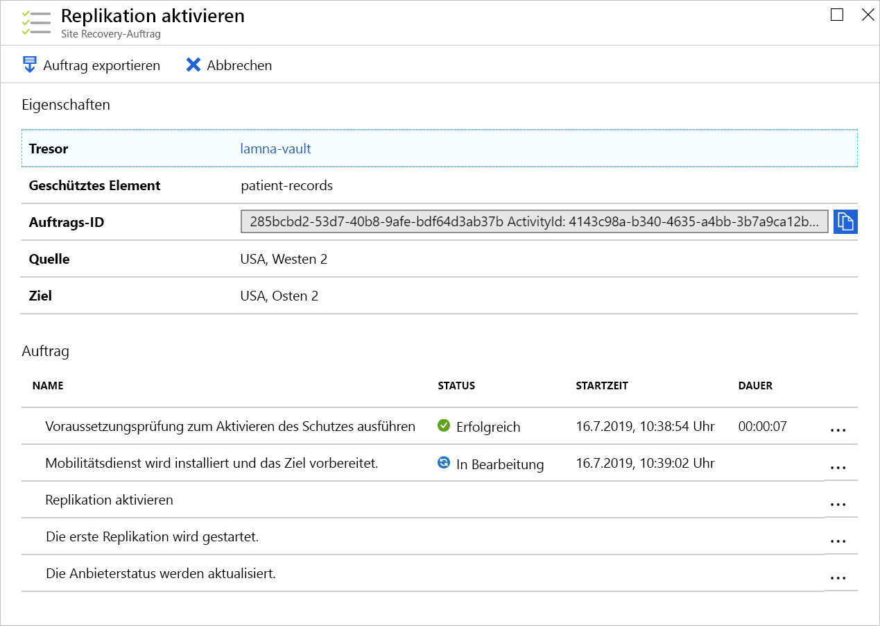 Screenshot of the Enable replication job's progress.