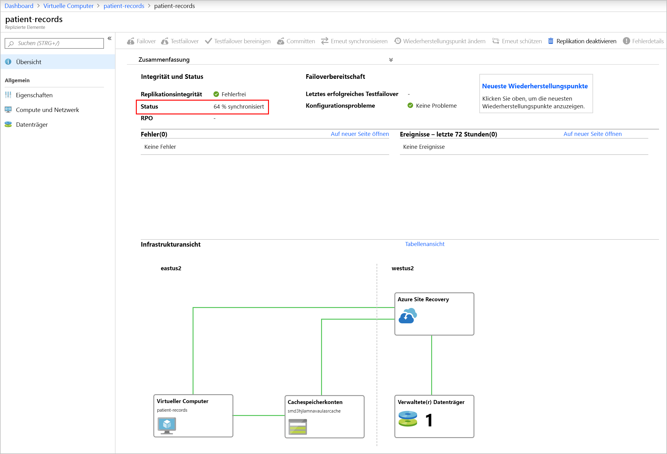 Screenshot: Status der VM „patient-records“ mit hervorgehobenem Fortschritt der Synchronisierung in Prozent