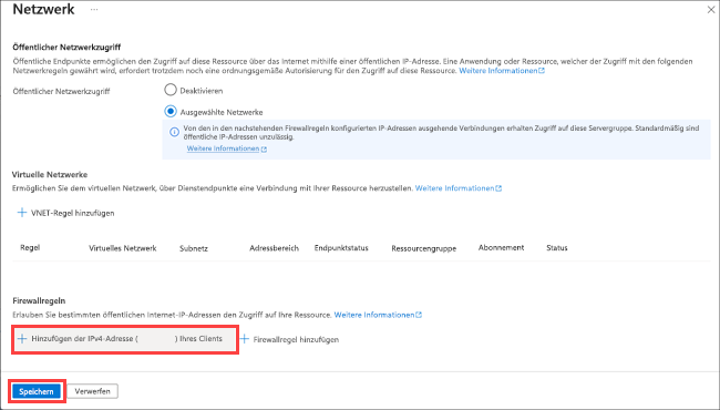 Screenshot: Azure-Portal mit den Firewall-Einstellungen für SQL-Datenbank und hervorgehobener Option „Client-IP-Adresse hinzufügen“