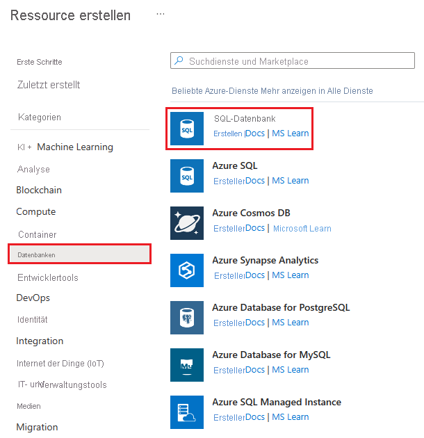 Screenshot des Bereichs „Ressource erstellen“ mit dem Menü „Datenbanken“ und hervorgehobenem Ressourcendienst „SQL-Datenbank“