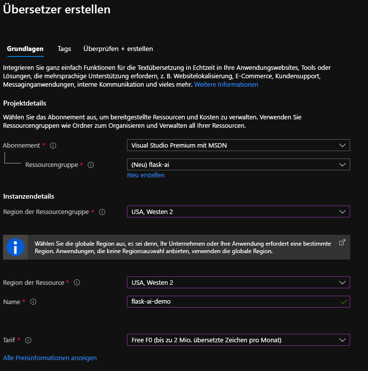 Screenshot: Ausgefülltes Formular zum Erstellen einer Instanz des Textübersetzung-Diensts