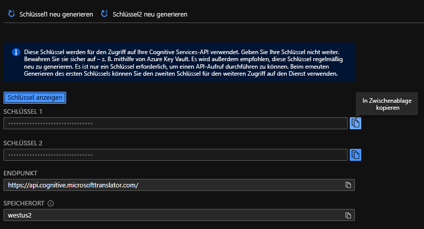 Screenshot: Dashboard für Schlüssel