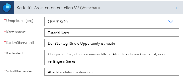 Geben Sie die Umgebung, den Kartennamen, die Kartenkopfzeile, den Kartentext und den Schaltflächentext ein.