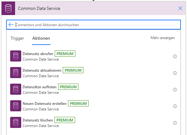 Die Dataverse-Suchergebnisse werden auf der Registerkarte „Aktionen“ angezeigt, und „Datensätze auflisten“ ist ausgewählt.