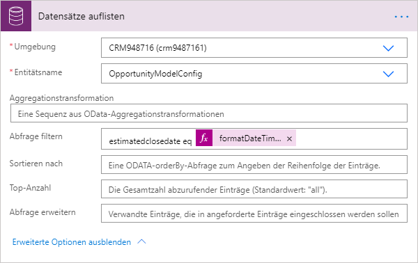 Die Filterabfrage ist auf „estimatedclosedate eq formatDateDime(...)“ eingestellt.