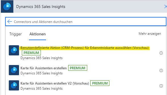 Wählen Sie „Benutzerdefinierte Aktion (CRM-Prozess) für eine Erkenntniskarte auswählen“ aus.