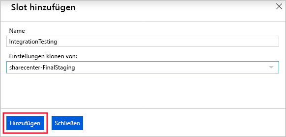 Screenshot of naming a new deployment slot and choosing whether to clone settings in the Azure portal.