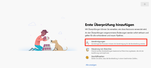 Screenshot: Azure DevOps-Benutzeroberfläche mit der Seite zum Hinzufügen einer Überprüfung und dem hervorgehobenen Element „Genehmigungen“
