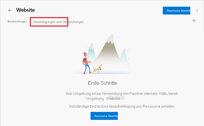 Screenshot: Azure DevOps-Benutzeroberfläche mit der Umgebung „Website“ und der hervorgehobenen Registerkarte „Genehmigungen und Überprüfungen“