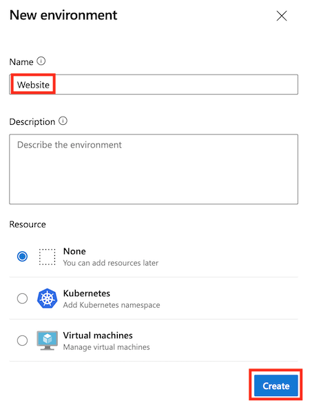 Screenshot: Azure DevOps-Seite „Neue Umgebung“ mit eingetragenen Details und hervorgehobener Schaltfläche „Erstellen“