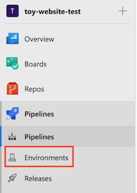 Screenshot: Azure DevOps-Benutzeroberfläche mit dem Menü „Pipelines“ und dem hervorgehobenen Element „Umgebungen“