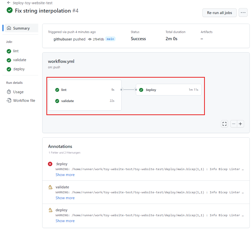 Screenshot der Workflowausführung in GitHub Actions, bei der alle drei Aufträge erfolgreich ausgeführt wurden