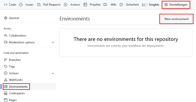 Screenshot der GitHub-Benutzeroberfläche mit der Seite „Environments“ (Umgebungen) und hervorgehobener Schaltfläche zum Erstellen einer Umgebung