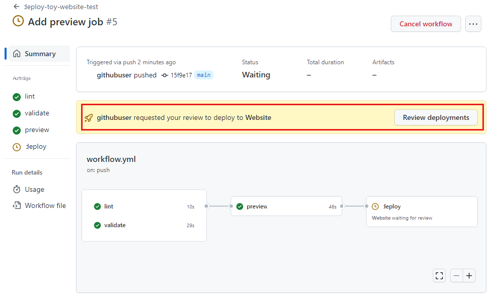 Screenshot der GitHub-Benutzeroberfläche mit der Workflowausführung und hervorgehobener Überprüfungsaufforderung