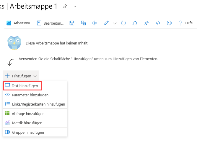 Screenshot der Schaltfläche „Text hinzufügen“ in einer Azure-Arbeitsmappe