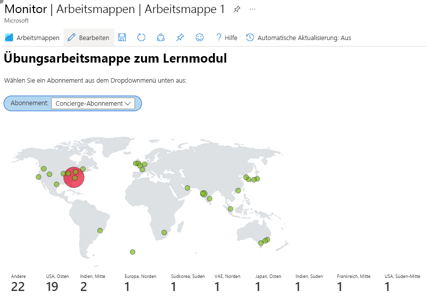 Screenshot einer Azure-Arbeitsmappe mit einer Karte, auf der die Ressourcen eines Abonnements angezeigt werden