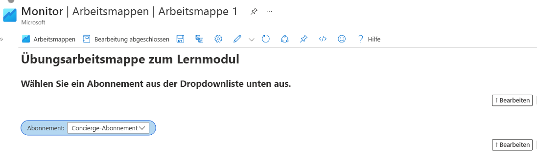 Screenshot einer Azure-Arbeitsmappe mit einer Dropdownliste für die Abonnementauswahl