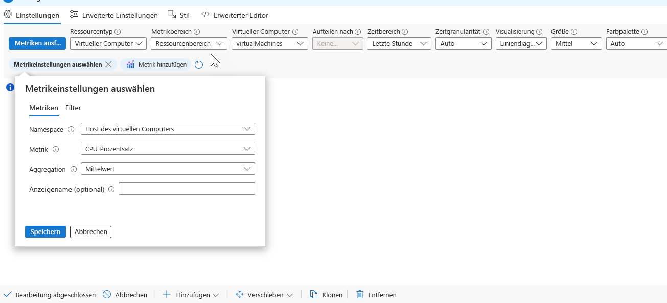 Screenshot that shows the percentage CPU metric setting in a Workbook.