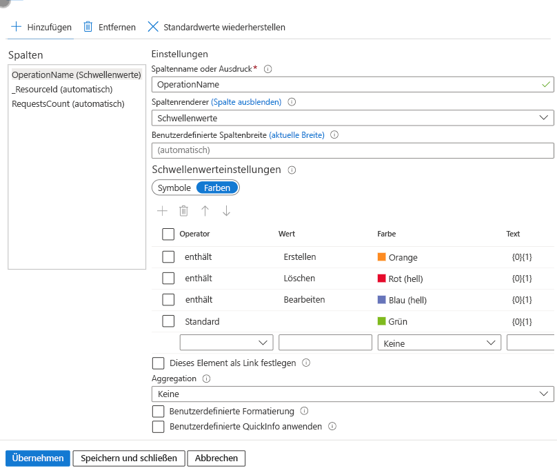 Screenshot that shows setting the colors in a grid in Azure Workbooks.