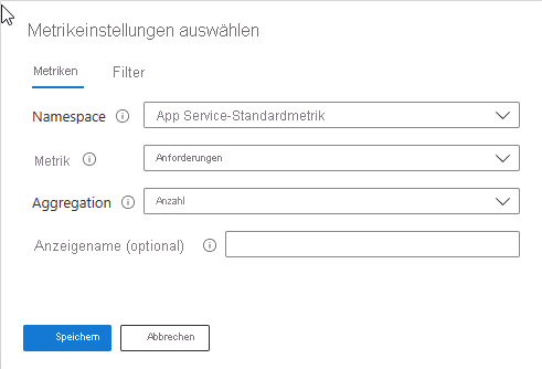 Screenshot that shows the metric settings for the number of requests made to a web app in Azure Workbooks.