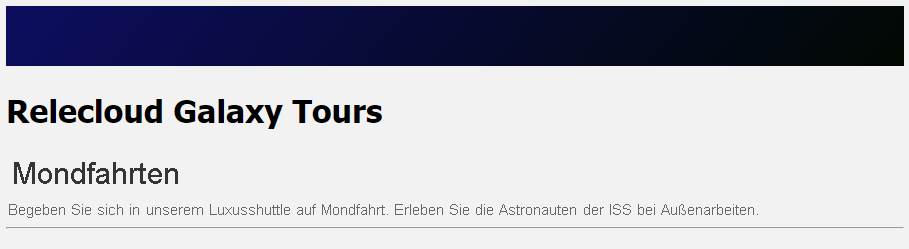 Screenshot der Host-Komponente, in welcher der Name und die Beschreibung der Kreuzfahrt angezeigt werden.