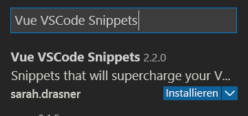 Screenshot der Suchergebnisse für Vue VSCode Snippets.