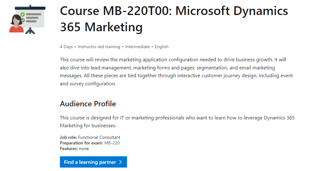 Screenshot der Detailseite des Kurses MB-220T00: Microsoft Dynamics 365 Marketing