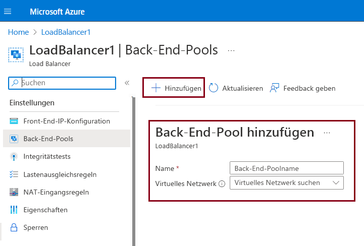 Screenshot that shows how to configure back-end pools in the Azure portal.