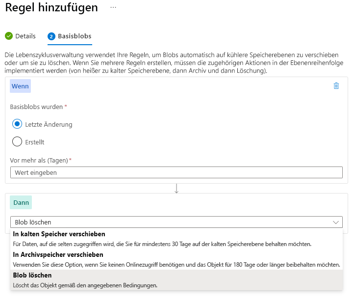 Screenshot that shows how to add a lifecycle management policy rule for blob data in the Azure portal.