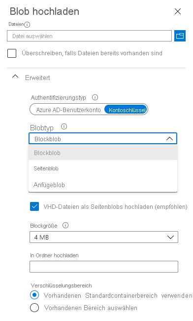 Screenshot of the Upload Blob page that shows the Authentication type, blob types, and block size.