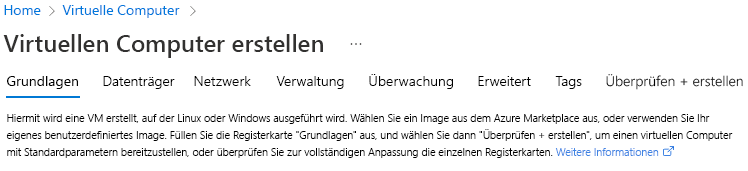 Screenshot: Benutzeroberfläche zum Erstellen eines virtuellen Computers im Azure-Portal.