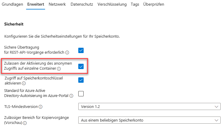 Screenshot zeigt das Aktivieren eines Containers mit anonymem Zugriff für ein Speicherkonto.