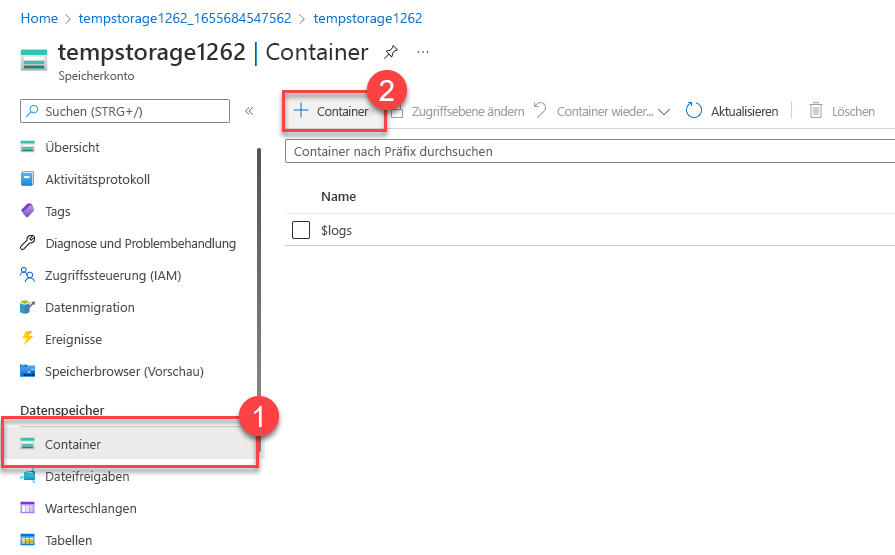 Screenshot: Abschnitt zum Hinzufügen eines Containers eines Speicherkontos