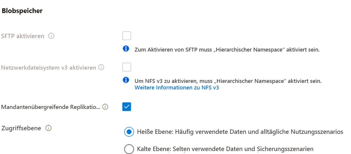 Screenshot of storage blob settings showing hot and cool access tiers.