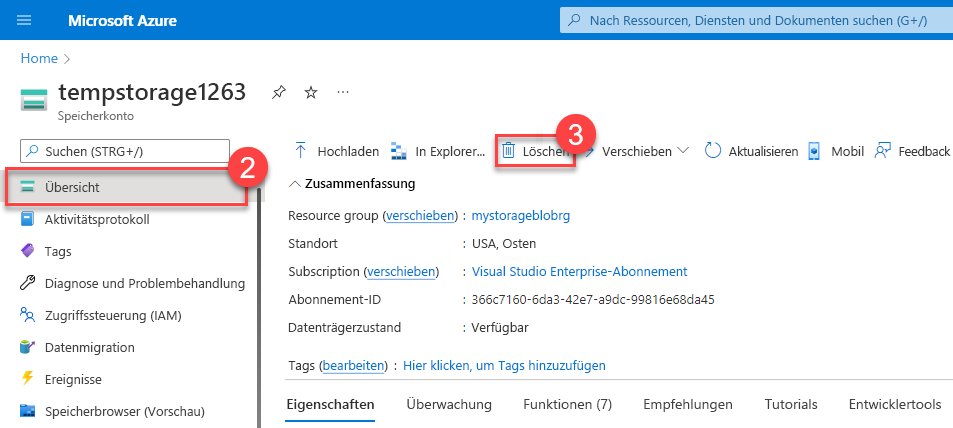 Screenshot: Vorgang zum Löschen eines Speicherkontos