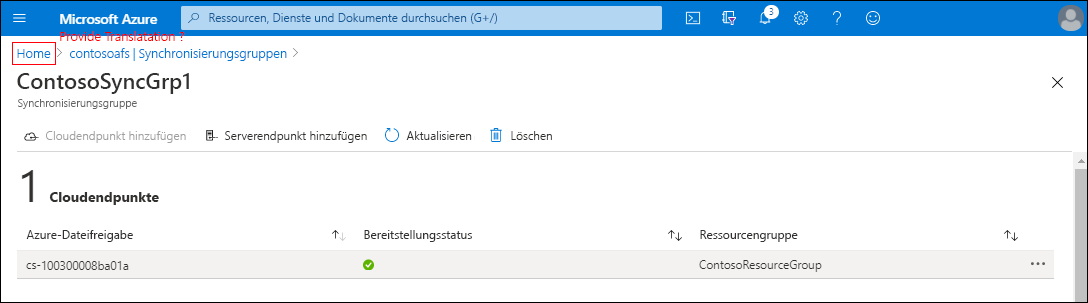 Screenshot: Seite „ContosoSyncGrp1“ im Azure-Portal. Ein Cloudendpunkt listet den Namen der Azure-Dateifreigabe und die Ressourcengruppe auf.