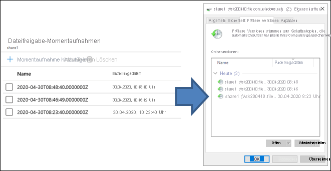 Screenshot der Momentaufnahmen der Dateifreigabe mit drei Momentaufnahmen. Auf der Registerkarte für frühere Versionen der Azure-Dateifreigabe sind dieselben drei Momentaufnahmen aufgeführt.