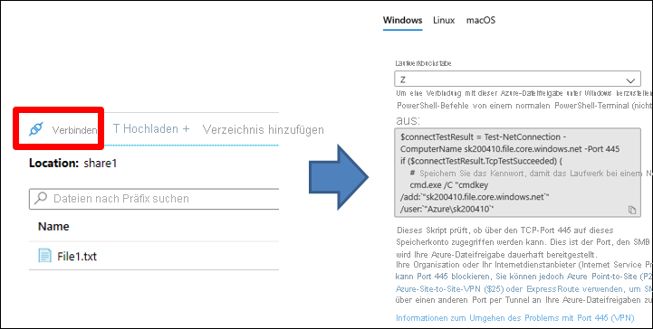 Ein Screenshot des Skripts, das im Azure-Portal für das Herstellen einer Verbindung mit einer Azure-Dateifreigabe bereitgestellt ist. Die Option zum Herstellen der Verbindung ist ausgewählt.