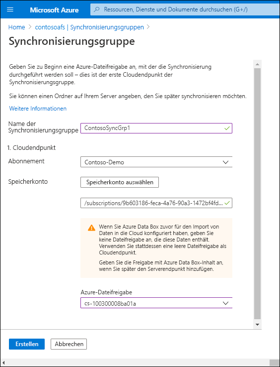 Screenshot: Seite „Gruppe synchronisieren“ im Azure-Portal. Der Name der Synchronisierungsgruppe lautet „ContosoSyncGrp1“, und sowohl das Speicherkonto als auch die Werte für Azure-Dateifreigaben sind konfiguriert.