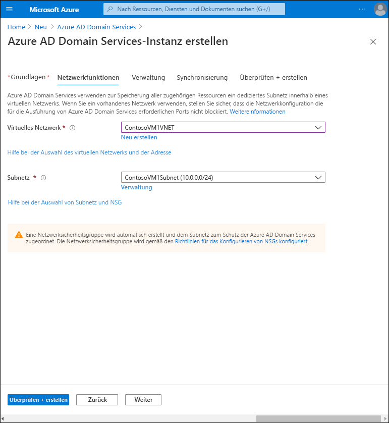 A screenshot of the Networking tab in the Create Microsoft Entra Domain Services Wizard in the Azure portal. The administrator has entered the Virtual network and Subnet details.