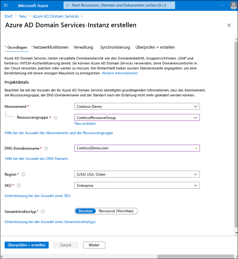 A screenshot of the Basics tab in the Create Microsoft Entra Domain Services Wizard in the Azure portal. The settings have been defined as follows: Resource group is ContosoResourceGroup, DNS domain name is ContosoDemo.com, and SKU is Enterprise.