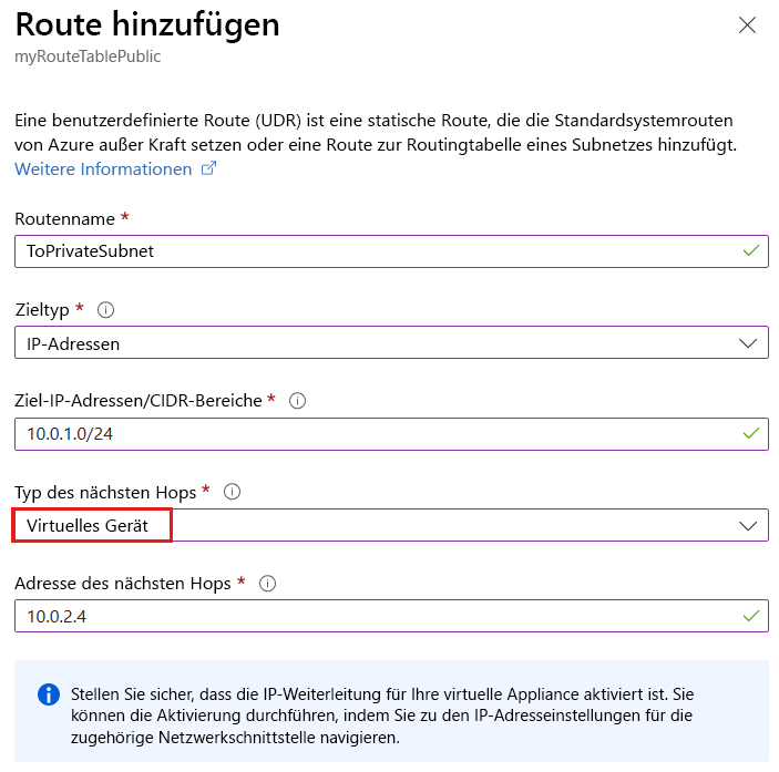 Screenshot der Seite einer Route mit hervorgehobener Dropdownliste für den Typ des nächsten Hops, „Virtuelles Gerät“ ist ausgewählt.