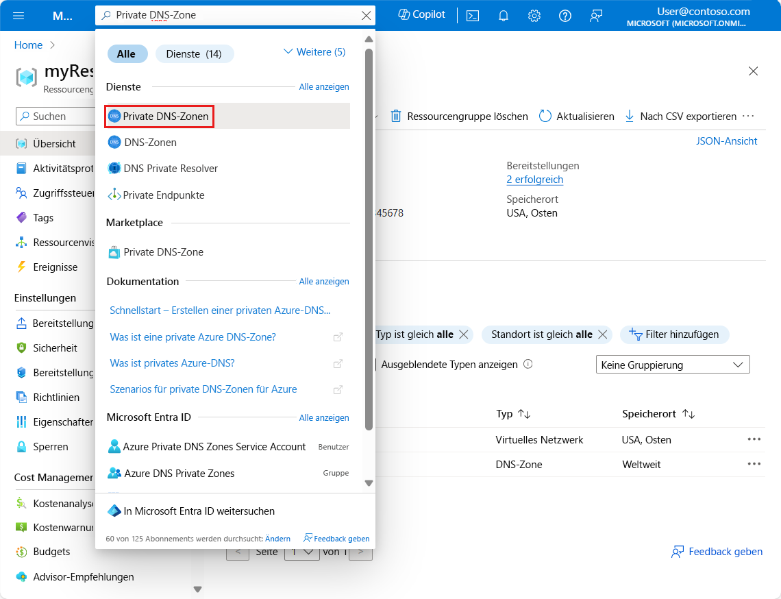 Screenshot der Suche nach der privaten DNS-Zone