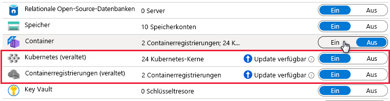 Screenshot: Abonnement mit bereits aktivierten Registrierungen für Defender for Kubernetes und Defender for Containers