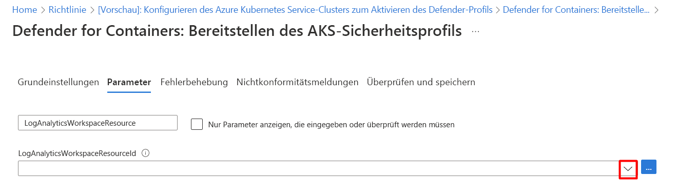 Screenshot: Auswahl einer Ressourcen-ID für einen Log Analytics-Arbeitsbereich