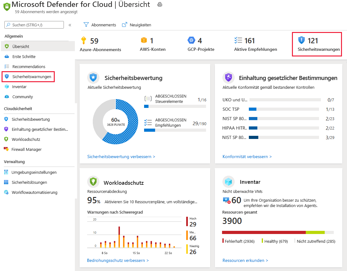 Screenshot: Beispiel für das Anzeigen von Sicherheitswarnungen auf der Übersichtsseite von Defender for Cloud.