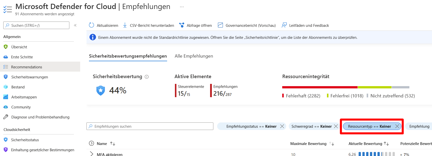 Screenshot: Beispiel für die Verwendung des Ressourcenfilters zum Überprüfen der ausstehenden Empfehlungen