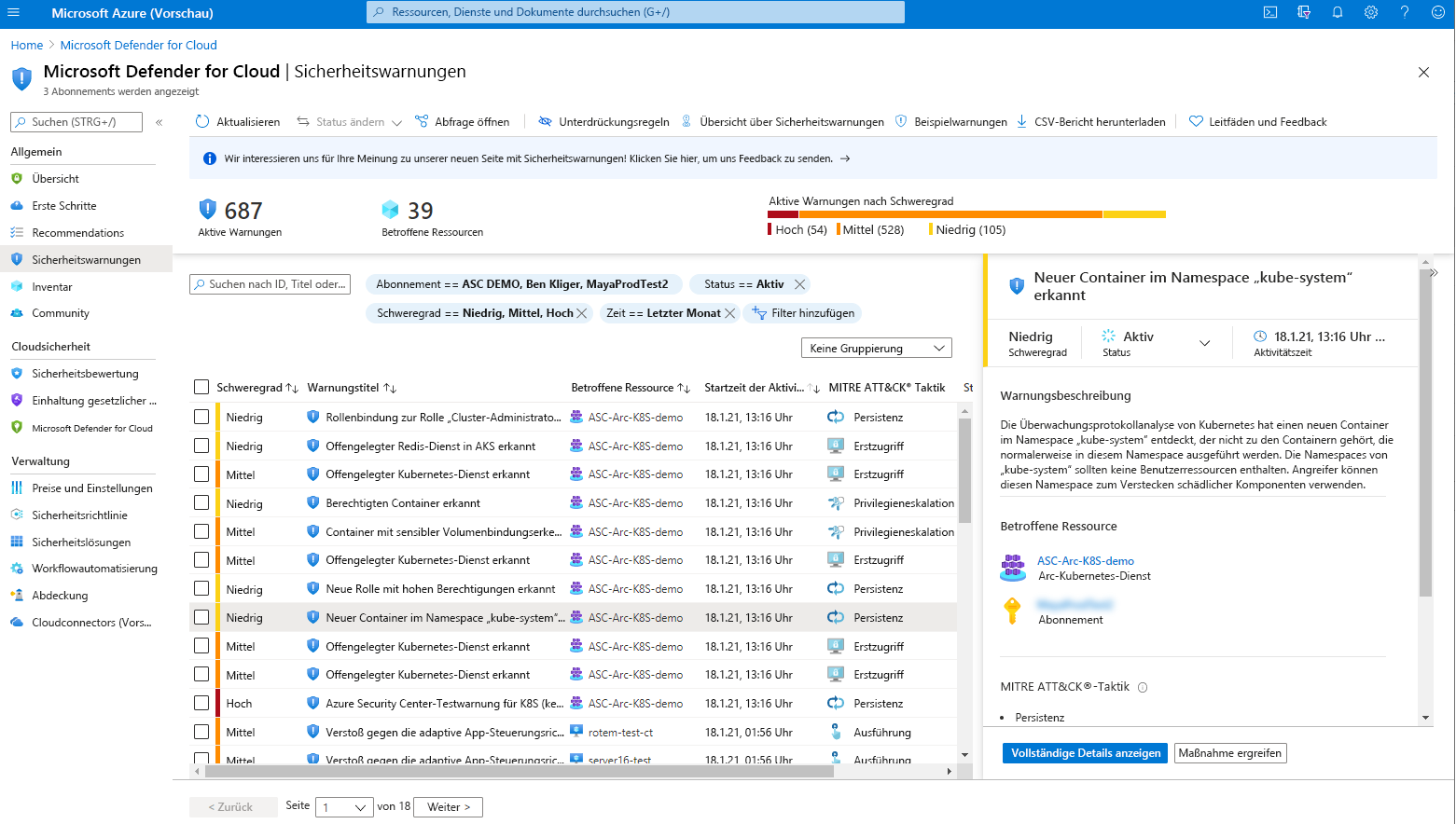 Screenshot: Seite mit Sicherheitswarnungen von Microsoft Defender for Cloud