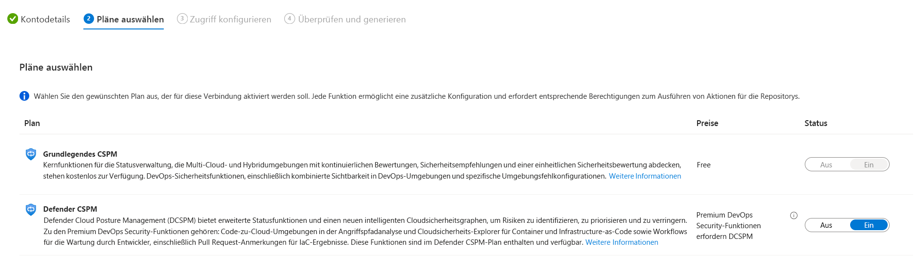 Screenshot: Wie Sie den Defender CSPM-Planstatus für Ihren GitHub-Connector konfigurieren