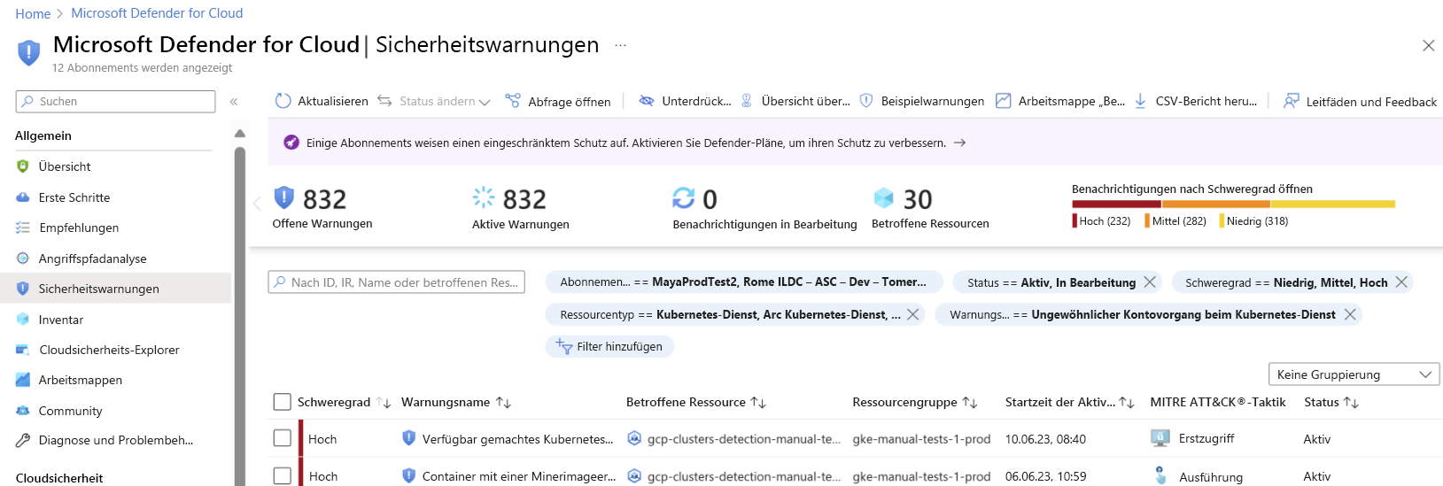 Screenshot: Beispiel für das Anzeigen von Sicherheitswarnungen für die Laufzeitworkload in den Clustern